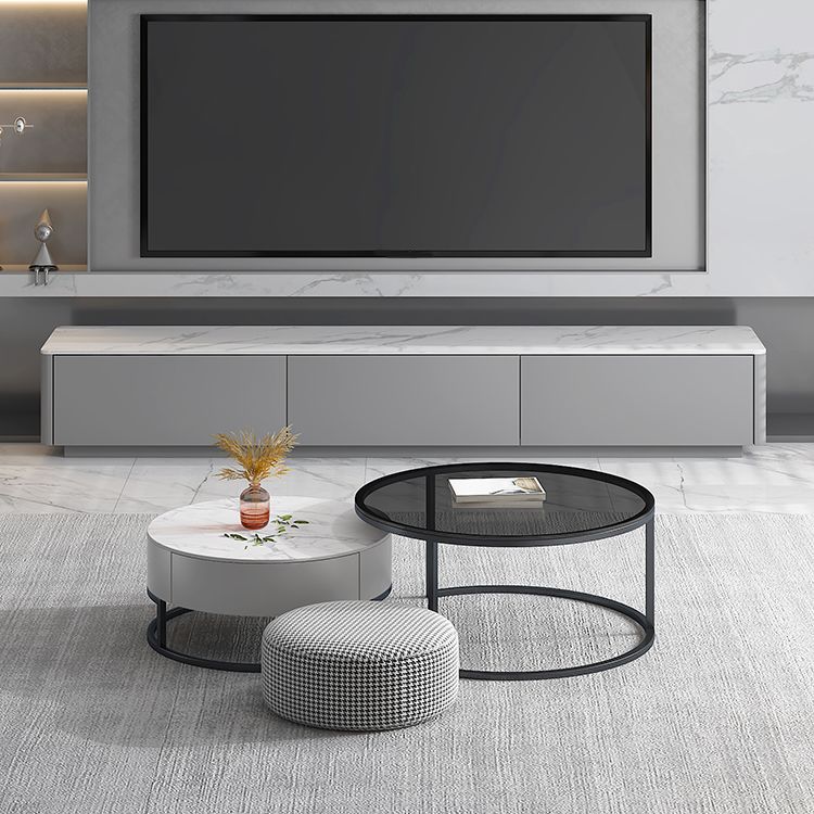 Modern Round Glass & Slate Coffee Table Set Frame Cocktail Table with Drawer
