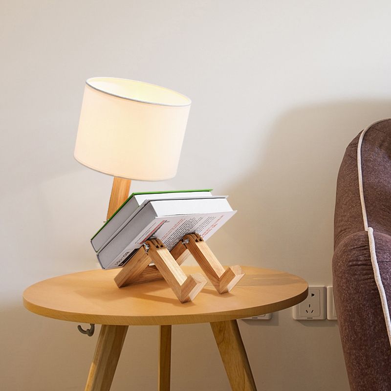 1 Head Sitting Robot Desk Light with Cylinder Shade Modern Wood Desk Lamp in White for Bedside Table