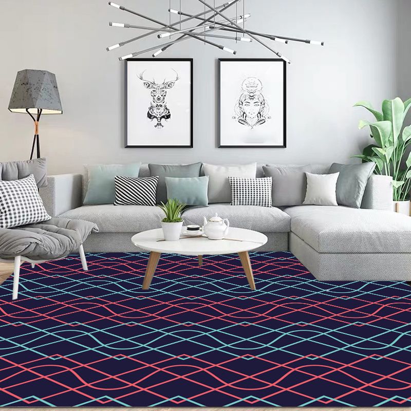 Black Bedroom Rug Modern Geometry Diamond Curved Line Pattern Area Rug Polyester Washable Carpet