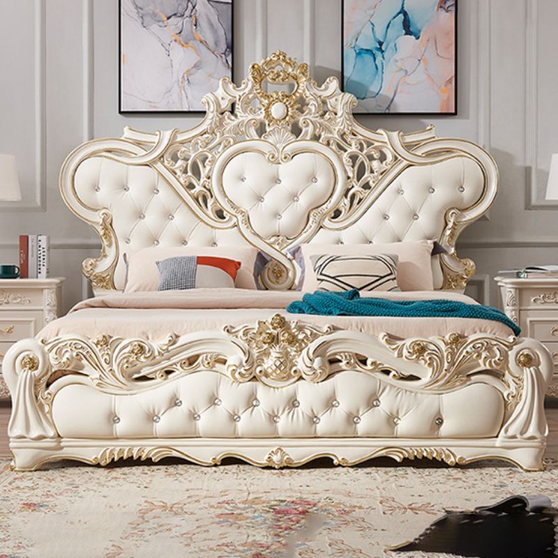 Victorian Standard Bed Upholstered Headboard Tufted Pine Wood Panel Bed