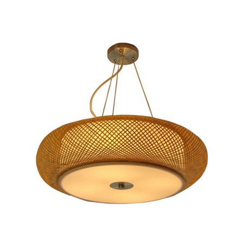 Rounded Drum Restaurant Chandelier Lighting Bamboo 3 Bulbs Minimalist Pendant Light in Wood