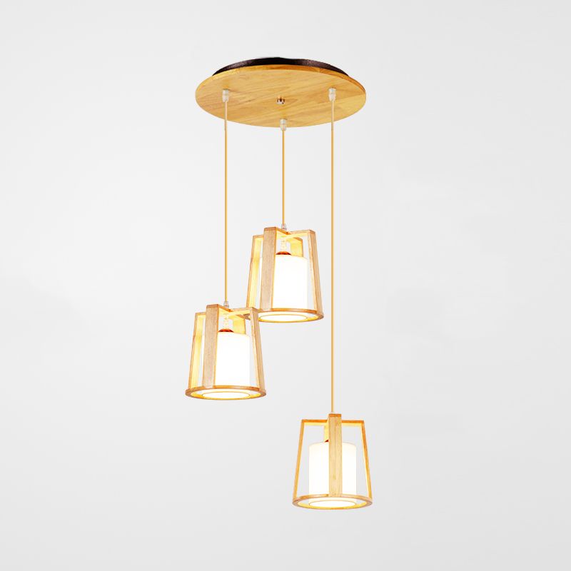 Modern Creative Pendant Light Wooden Geometric Hanging Lamp with White Fabrics Shade