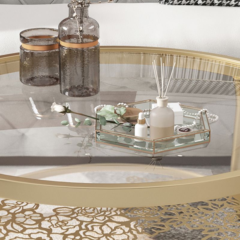 23.6"/17.7"H Modern 4 Legs Steel Base Glass Round Coffee Table with Shelf