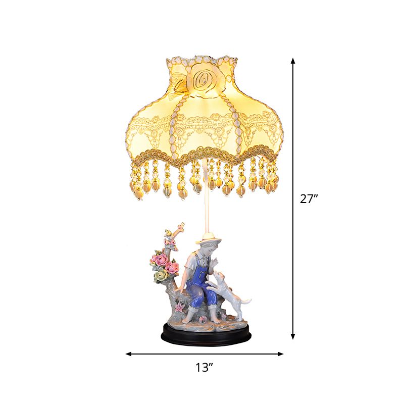 BEIGE Ruffle Edge Lampone Pastoral 1 Luce Light Night Light With Ceramic Boy and Dog