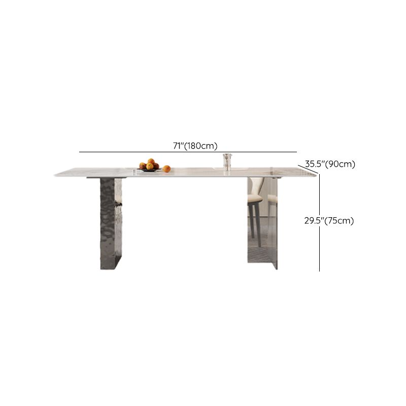 Rectangular Dining Table Grey Stone Table Top Double Pedestal Metal Base