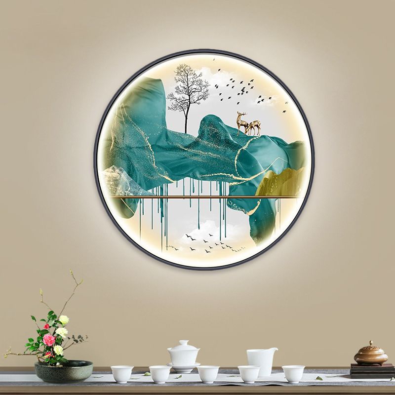 Yellow/Green Circle Wall Light Fixture Asian Style LED Fabric Wall Mural Mount Lamp with Landscape Pattern