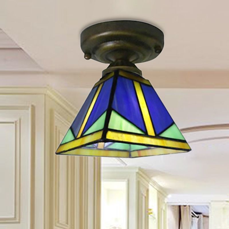Vintage Tiffany Blue Ceiling Light Pyramid One Light Glass Small Flushmount Light for Hallway