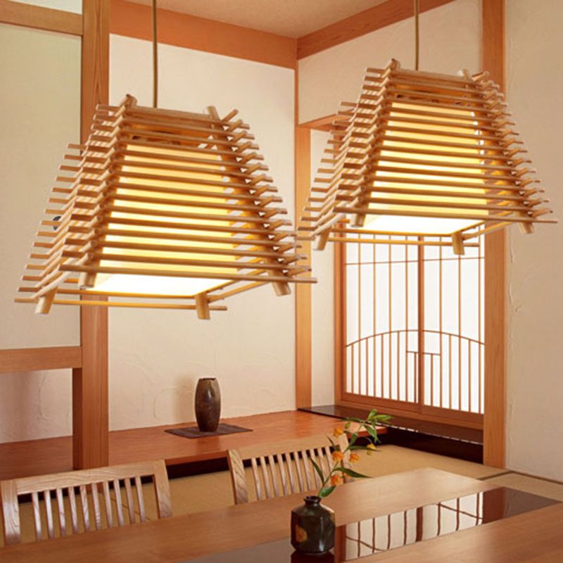 Colgante de suspensión trapezoide de madera japonesa de madera de 1 luz de madera luz colgante con sombra de vidrio blanco para dormitorio