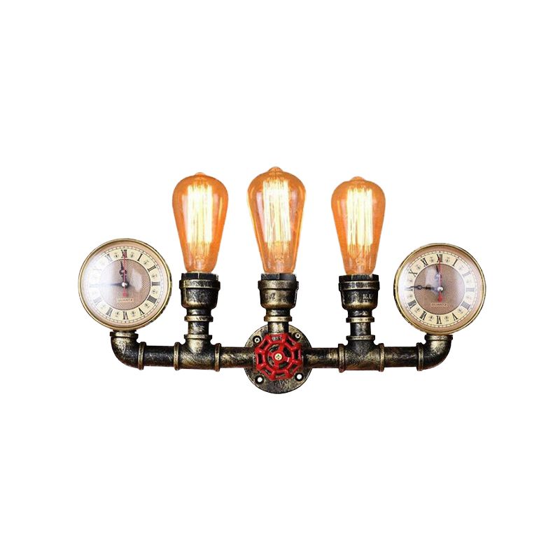 3-Head Iron Wall Lighting Industrial Brass Bare Bulb Hallway Wall Mount Pipe Lamp with Valve and Gauge Deco