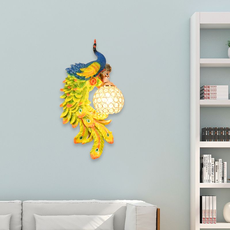 Double/Right/Left Peacock Wall Lamp Country Resin 1 Bulb Sconce Light Fixture with Clear Crystal Shade in White/Blue Finish, 1/2-Pack