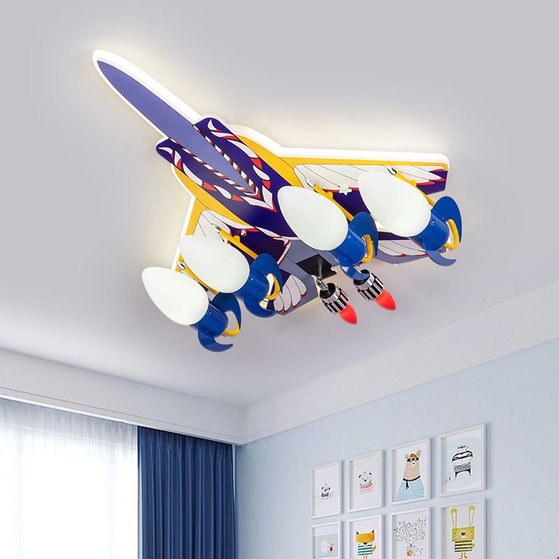 ROCKET Children Room Semi Flush Lámpara Metálica 4 Bulbos de bulbos de dibujos animados Luz montada en azul