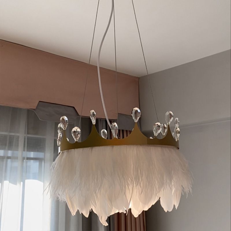 Crown Child Room Chandelier Lamp Feather 1 Bulb Minimalist Pendant Lighting in White with Crystal Accents