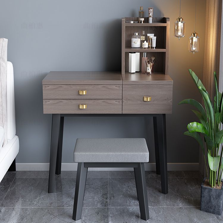 Flip-Top Vanity Table 3-Drawer Stool Vanity Set with Storage Shelves