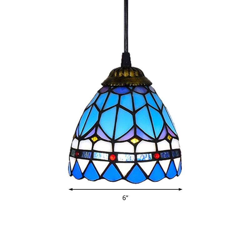 Hanging Lights for Dining Table, Floral Shade Pendant Ceiling Lamp in Blue with Art Glass Shade Tiffany Style