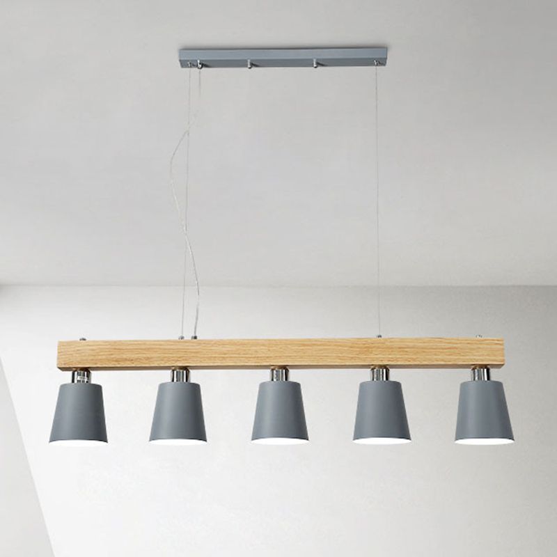 Linear Wooden Island Light Fixture Nordic Suspension Light with Tapered Metal Shade