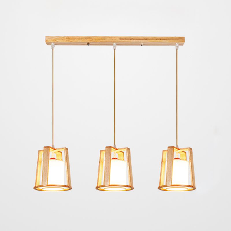 Modern Creative Pendant Light Wooden Geometric Hanging Lamp with White Fabrics Shade