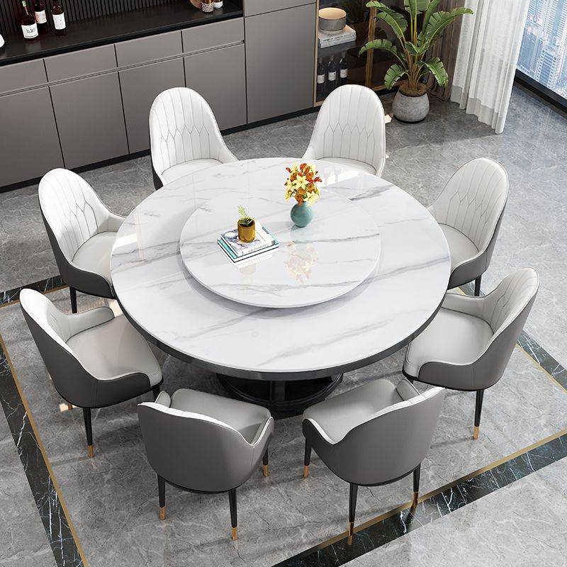Table à manger ronde en pierre blanc-gris, meuble nordique à plateau tournant avec socle