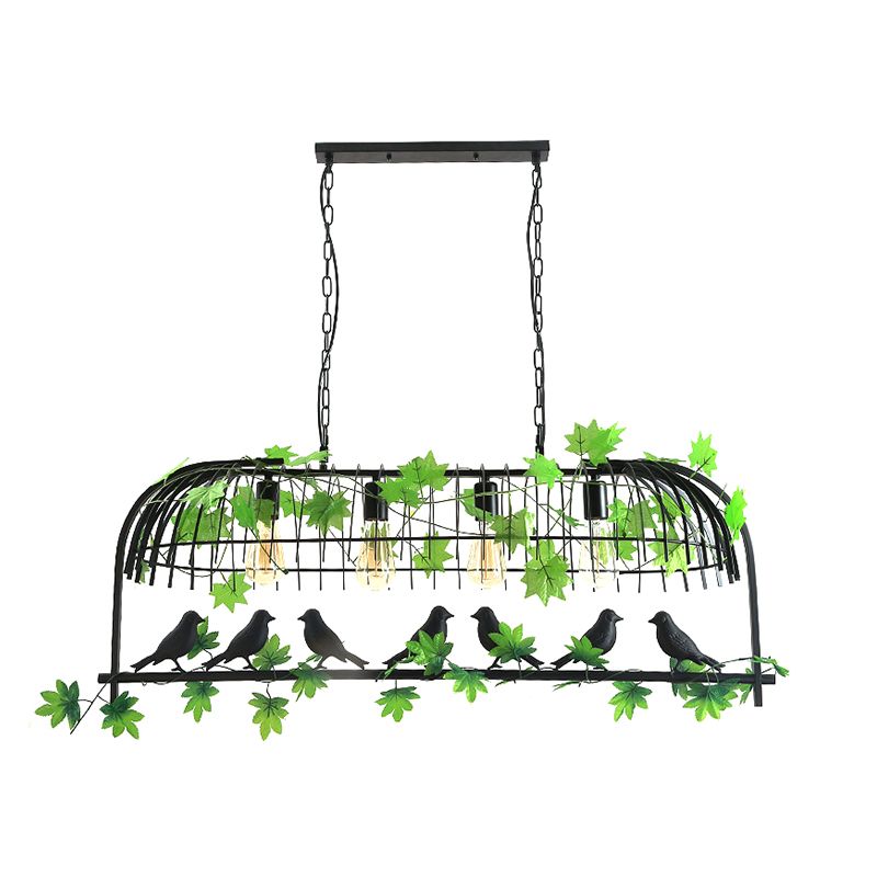 Birdcage Dining Room Island Light Industrial Iron 4-Head Black/Bronze Hanging Pendant with Decorative Plant and Bird