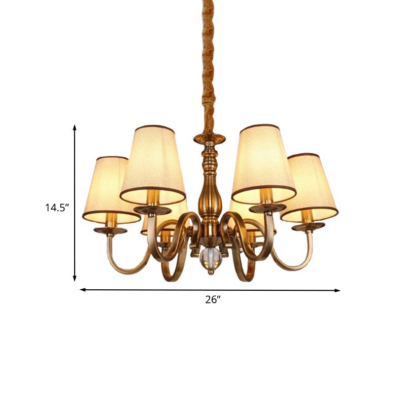 Vintage Cone Suspension Light 6/8 Bulbs Fabric Hanging Chandelier with Curving Arm in Brass for Living Room