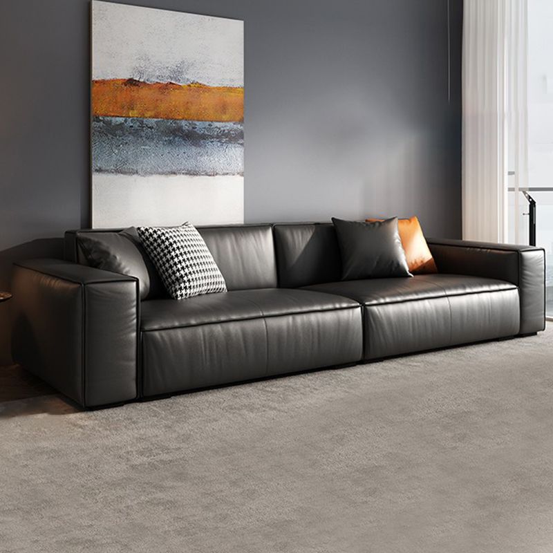 Modern Square Arm Sectional, Genuine Leather Sectional Couch in Black