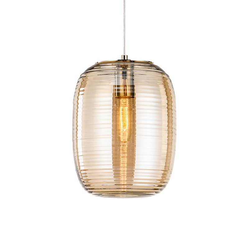 Amber/Smoke Cylinder Pendant Light Post-Modern 1 Light Ribbed Glass Hanging Light Fixture for Bedroom