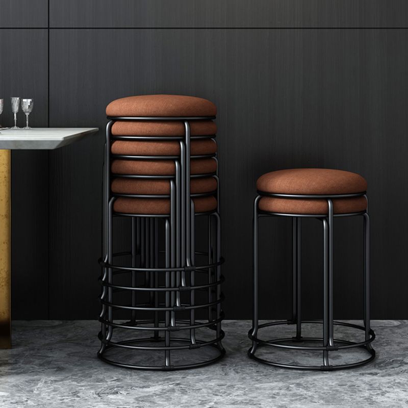 Linen Blend Ottoman Metal Frame Round Upholstered Contemporary Solid Pouf