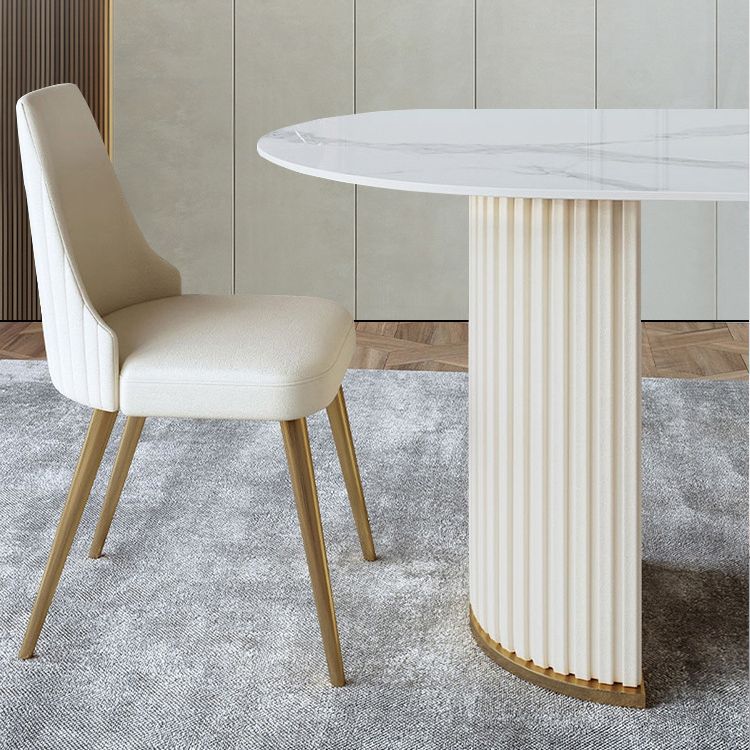 Contemporary White Oval DiningTable Sintered Stone Top Double Pedestal Table