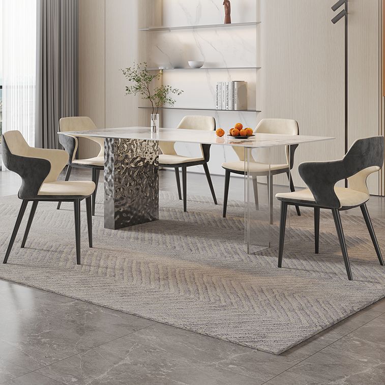 Rectangular Dining Table Grey Stone Table Top Double Pedestal Metal Base