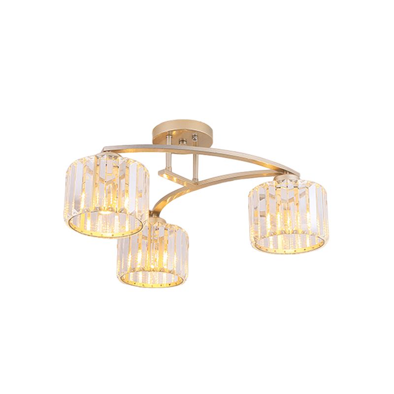 Gold V Arm Ceiling Mount Chandelier Postmodern Metal 3 Bulbs Restaurant Semi Flush Light with Crystal Shade
