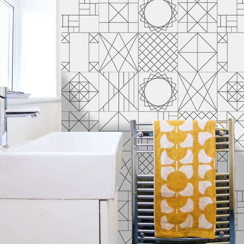 Grey Geometric Sketch Wallpapers Peel and Paste Wall Art for Washroom, 8' L x 8" W