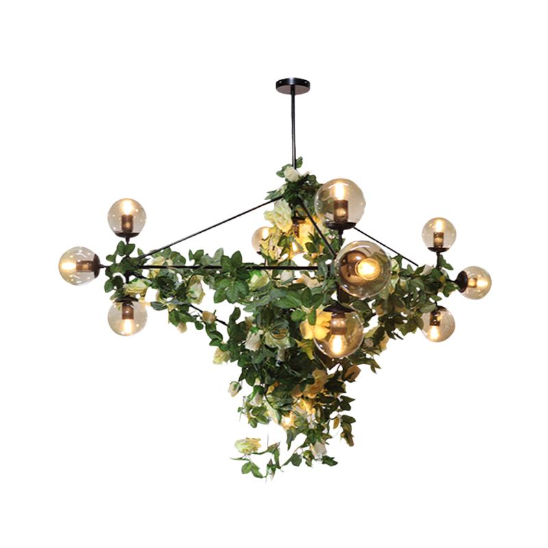 10/14-Bulb Island Pendant Industrial Globe Smoke Gray Glass Hanging Light in Black with Geometric Cage