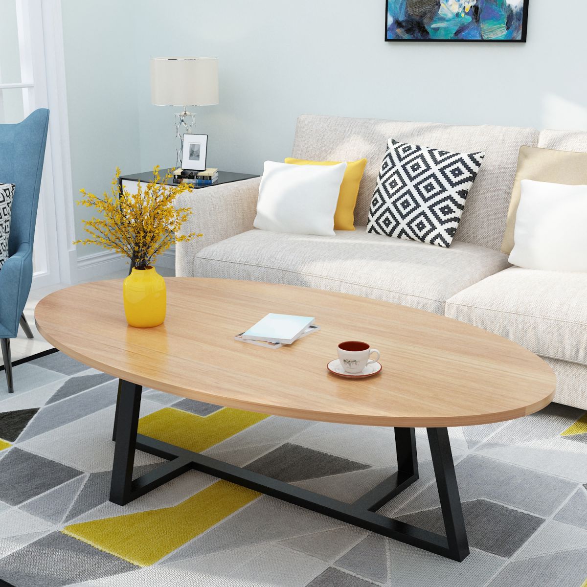 Metal Cross Legs Cocktail Table Wooden Oval Top Coffee Table
