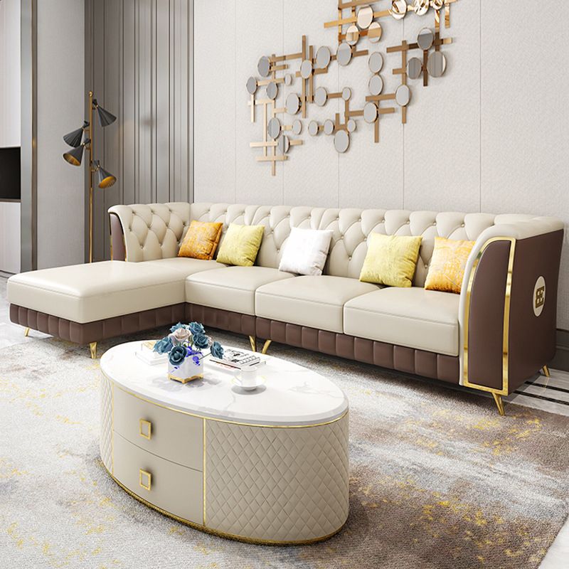 Genuine Leather Luxurious Sectional Tufted Back Sofa & Chaise with 5 Pillows