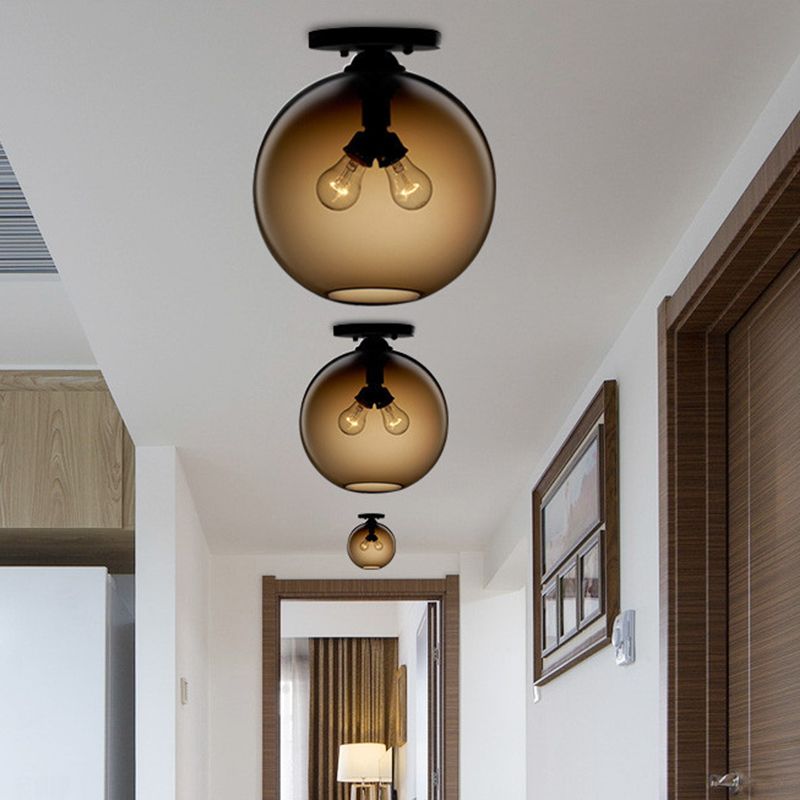Globe Shade Semi Flush Dining Room Red/Brown/Blue Glass Industrial Style 1/2 Light Black Ceiling Lighting