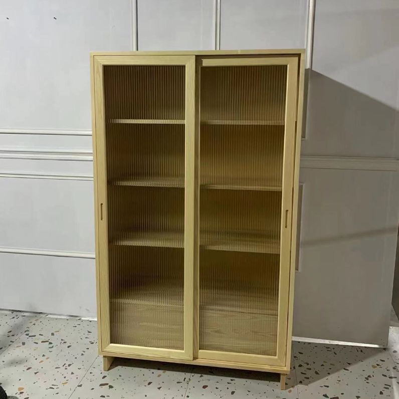 72" Tall Natural Glass Paned Accent Cabinet 2 Drawers Solid Wood Chest
