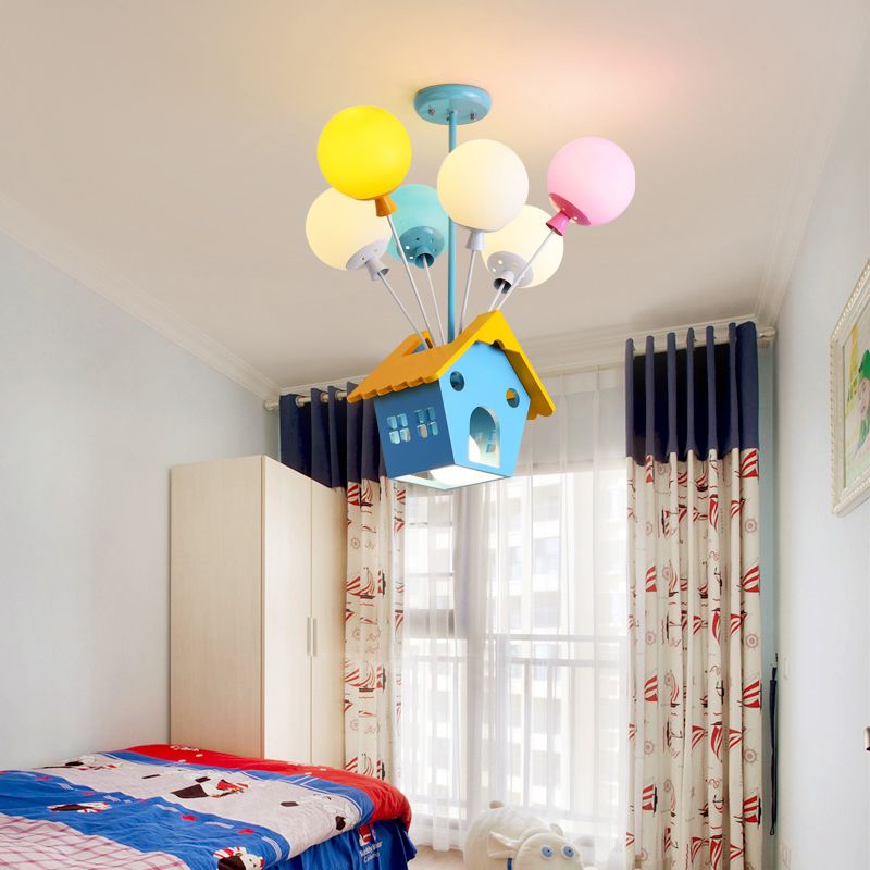 Blue Balloon House Hanging Lamp Cartoon 6 Bulbs Wooden Chandelier with Multi-Colored Glass Shade