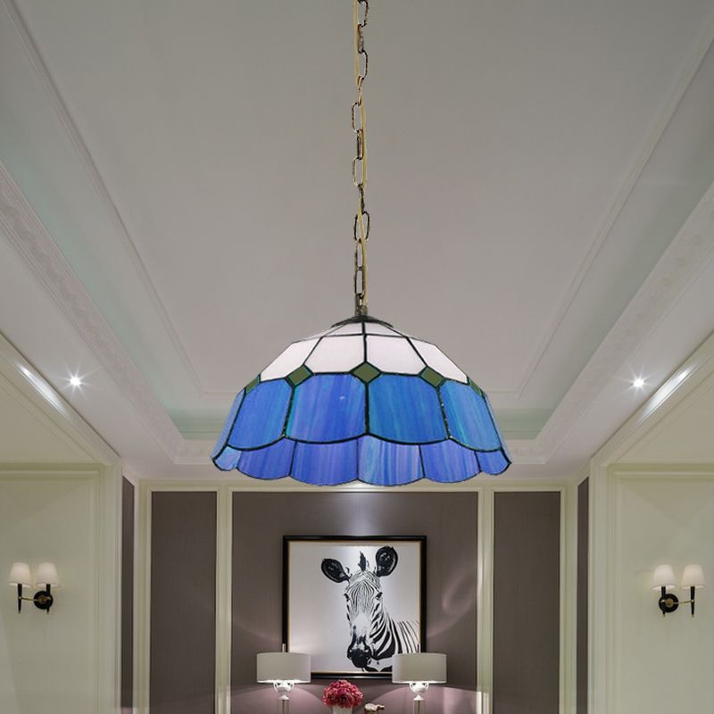 Domed plafondlicht Tiffany 1 kop geel/blauw handgemaakt kunstglas gesuspendeerd verlichtingsarmatuur, 12 "/16" breed