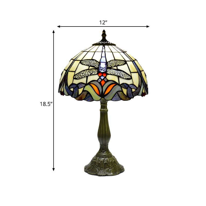 Dragonfly di luce notturno in bronzo in vetro a mano sul fiore 1 lampada da tavolo tiffany per letto