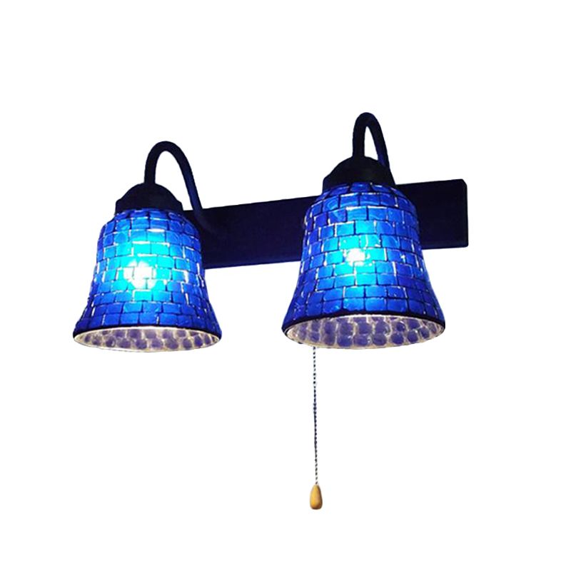 Stained Glass Bell Wall Mounted Light 2 Heads Yellow/Pink/Orange Sconce Light Fixture with Pull Chain Switch