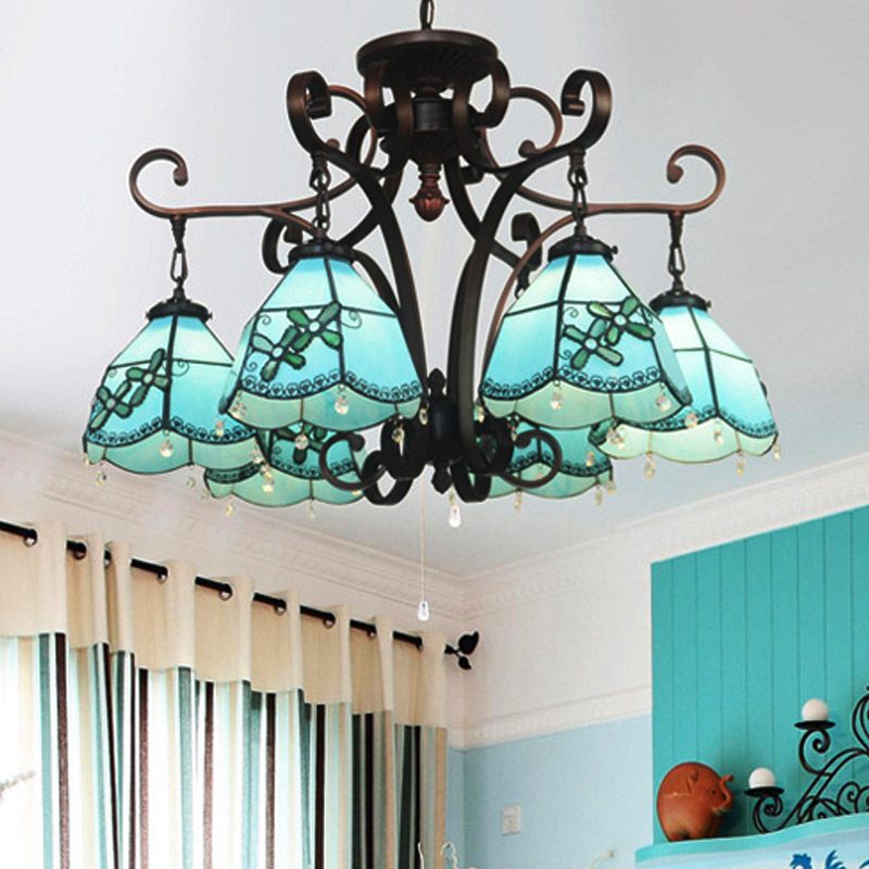 Flower Hanging Chandelier Baroque Hand Cut Glass 6 Lights Blue/Textured Silver Ceiling Lamp for Living Room