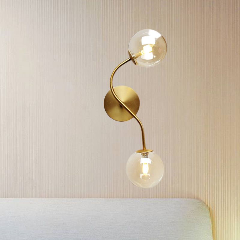 Ball Stairway Wall Mount Light Clear/Tan Glass 2-Light Post Modern LED Wall Lamp Sconce in Brass
