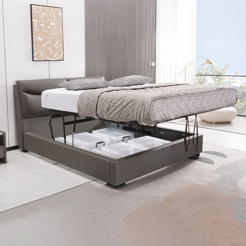 Genuine Leather Panel Bed Solid Color Upholstered Headboard Standard Bed