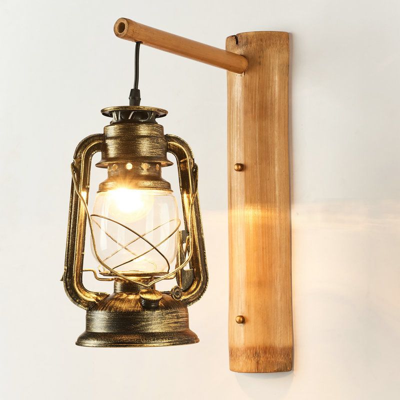 1-Head Wall Light Sconce Coastal Lantern Clear Glass Wall Mount Lighting with Bamboo Backplate