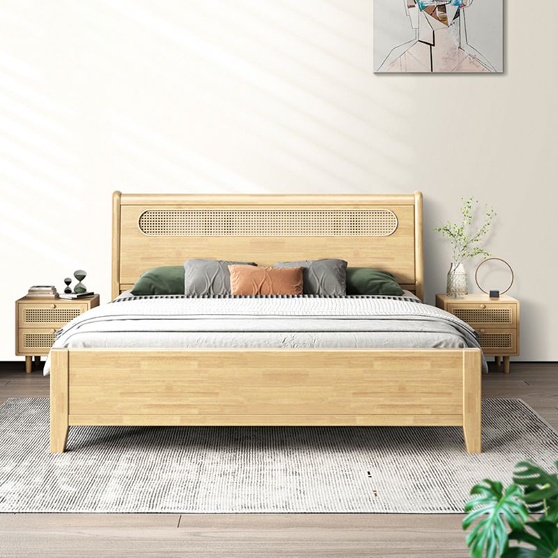 Rectangular Beige Panel Bed Rubberwood and Rattan Bed Frame with Headboard