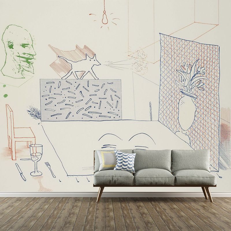 Large Sketch Wall Murals for Bedroom Hockney Artwork Wall Covering in Red-Blue-Green, Washable