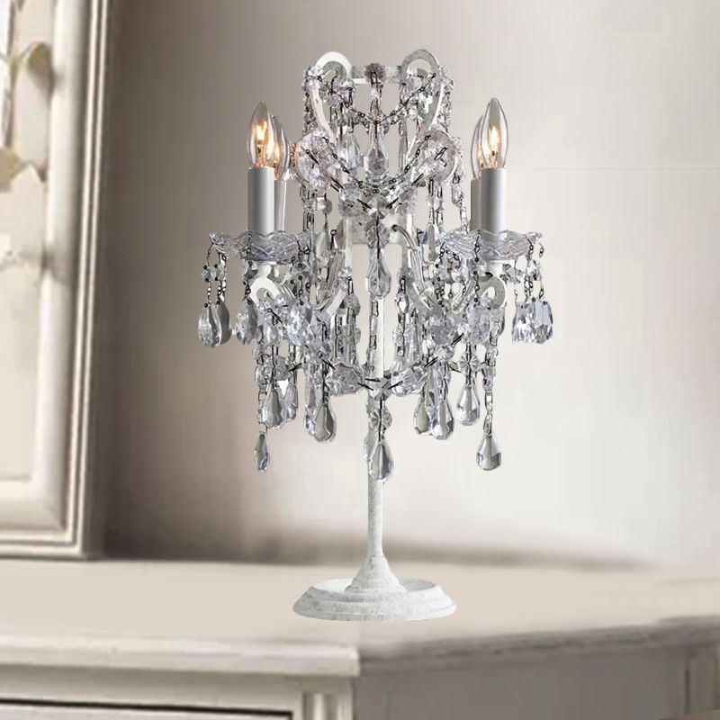 Luxurious Style Candle Desk Light 4 Heads Metal Table Lamp with Crystal Deco in White for Adult Bedroom
