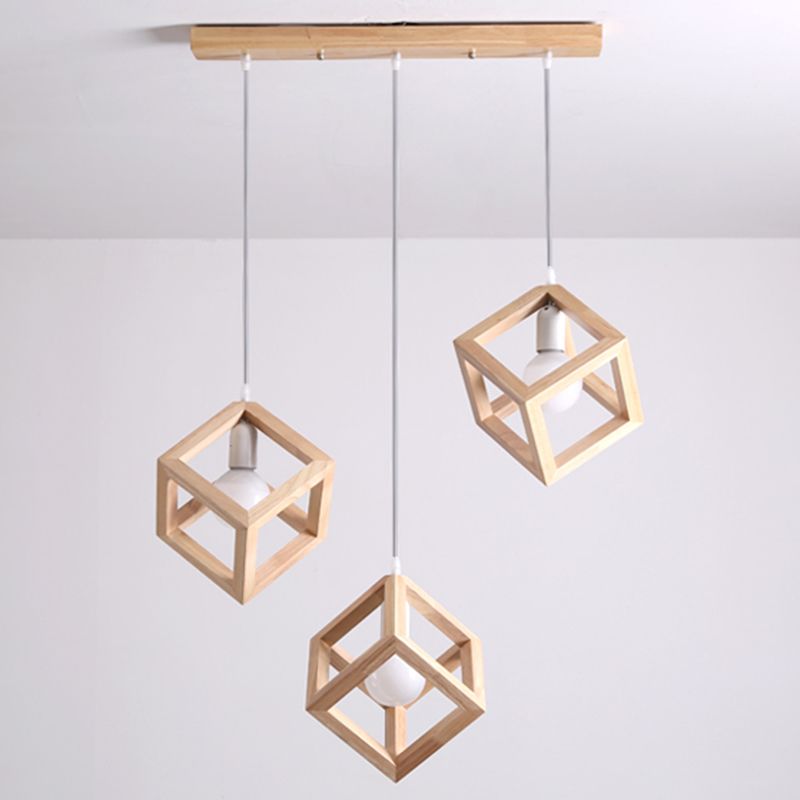 Log Color Square Pendant Light in Modern Concis Concis Wooden Intérieure en bois lampe de suspension intérieure