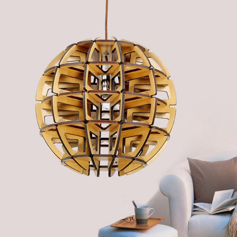 Hand-Worked Beehive Ball Hanging Light Asia Novelty Wood 1-Light Brown Pendant Ceiling Lamp