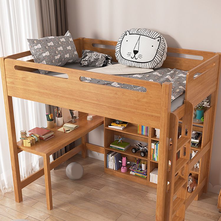 Brown Loft Bed Scandinavian Solid Wood High Loft Built-In Ladder Kids Bed