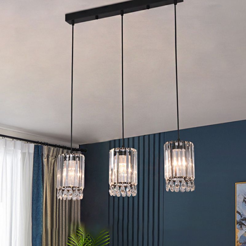 Crystal Prisms Cilinder Down Lighting Minimalistisch 3 koppen 18 "/27" breed zwart multi hanger licht